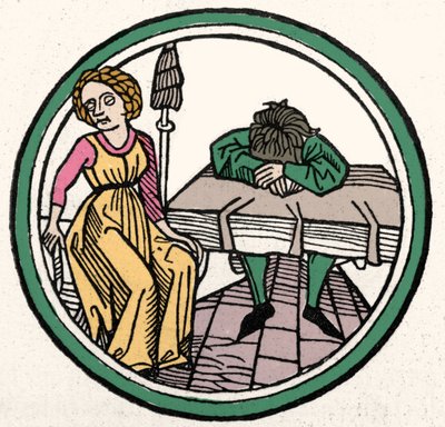 The Four Temperaments: Melankolisk (ledsen och deprimerad) Xylography, Augsburg 1480 av German School