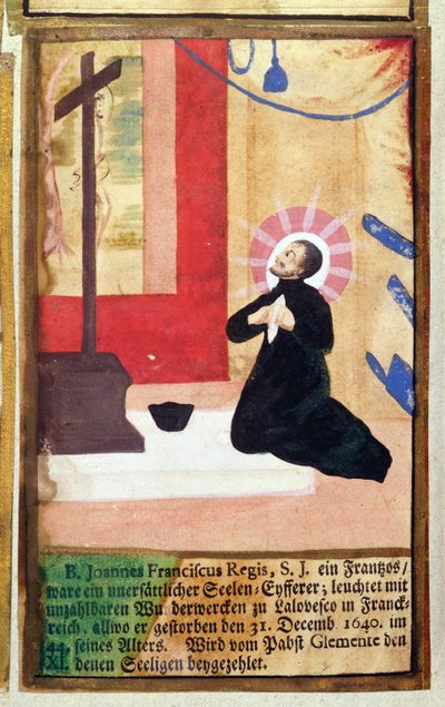 Den franske fadern jesuiten Jean Francois Regis (1597-1640) knäböjer inför ett krucifix, från The Jesuits Martyrology, 1688 av German School
