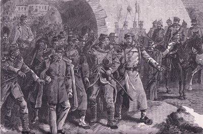 Den franska armén lämnar Metz, Cassells History of the War between France and Germany publicerad av Cassell and Company Limited, ca 1890 (litho) av German School