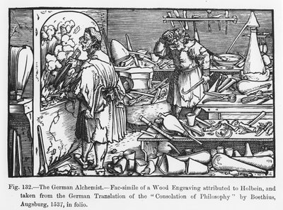 Den tyske alkemisten, från Consolation of Philosophy av Boethius, illustration från Vetenskap och litteratur under medeltiden och renässansen, skriven och graverad av Paul Lacroix, 1878 (f. av German School