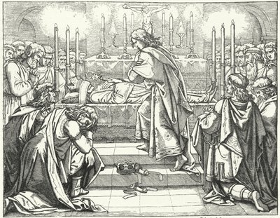 Den helige romerske kejsaren Otto III vid graven till St Adalbert av Prag (gravyr) av German School