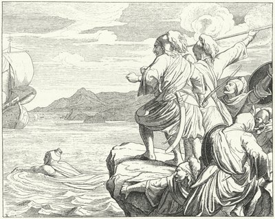 Den helige romerske kejsaren Otto II flyr från grekerna efter sitt nederlag i slaget vid Stilo, 982 (gravyr) av German School