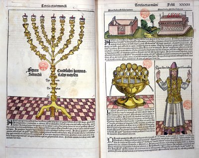 Menoran och en hebreisk präst, från Nürnbergkrönikan av Hartmann Schedel (1440-1514) 1493 (träsnitt i färg) av German School