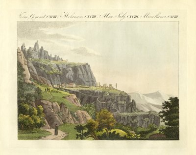Montserrat i Spanien (färgad gravyr) av German School
