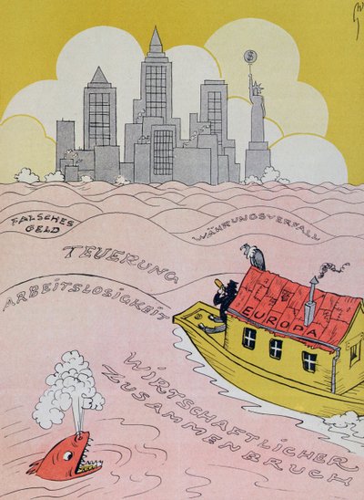 The New Deluge in the Old World, tecknad serie som hänvisar till den europeiska ekonomiska krisen på 1920-talet, från tidskriften Kladderadatsch, Berlin, 1926 av German School