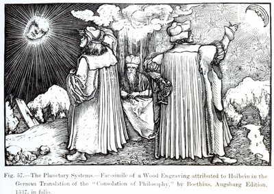 The Planetary Systems, från The Consolation of Philosophy av Boethius, publicerad 1537, illustration från Science and Literature in The Middle Ages and Renaissance, skriven och graverad av Paul Lacr av German School