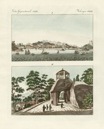 Den portugisiska kolonin Macau i Kina (färgad gravyr) av German School