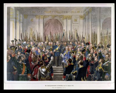 Tillkännagivandet av Wilhelm som kejsare av det nya tyska riket, i Spegelsalen i Versailles den 18 januari 1871, 1871 (färgstick) av German School