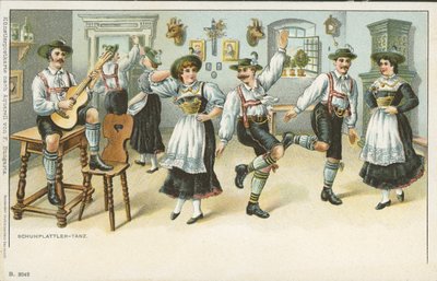 Schuhplattler-dansen (färg litho) av German School