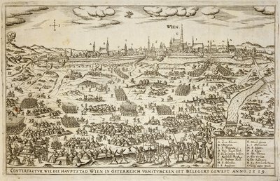 Belägringen av Wien 1529, illustration från en bok om de osmanska kampanjerna i Europa, graverad av Paul Furst (ca 1605-66) av German School