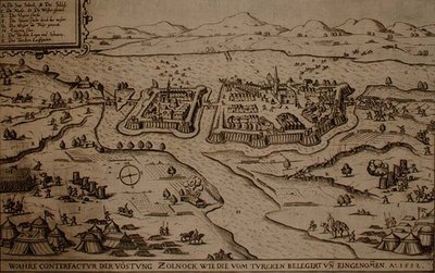 Belägringen av Zolnock av turkarna 1552, illustration från en bok om de osmanska kampanjerna i Europa, graverad av Paul Furst (ca 1605-66) (gravyr) av German School