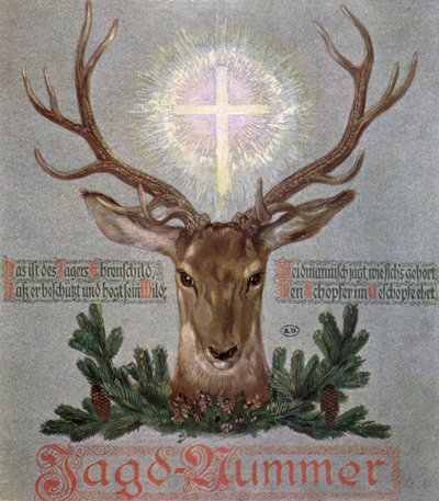 The Stag of St. Hubert (655-727), omslagsillustration från en jaktdagbok, 1908 av German School