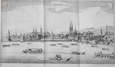 Staden Zürich, Schweiz, från volym II av Itinera Alpina av Johann Jacob Scheuchzeri, publicerad 1706 av German School