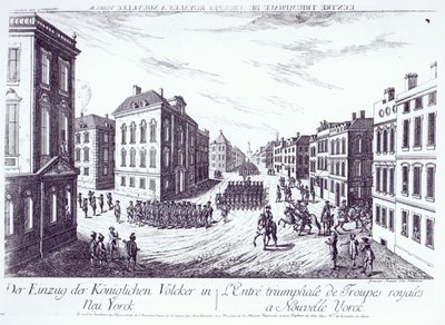 De kungliga truppernas triumferande intåg i New York, 1776, graverad av Francois Xavier Habermann av German School