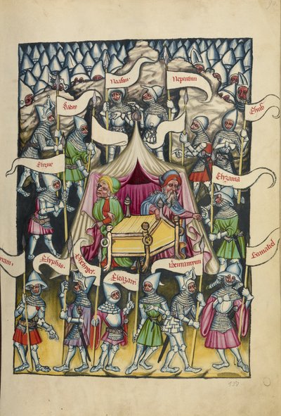 Israels tolv stammar från Weltchronik Ms 33 fol.94, c.1400-10 (tempera, guld- och silverfärg, bläck på pergament) av German School