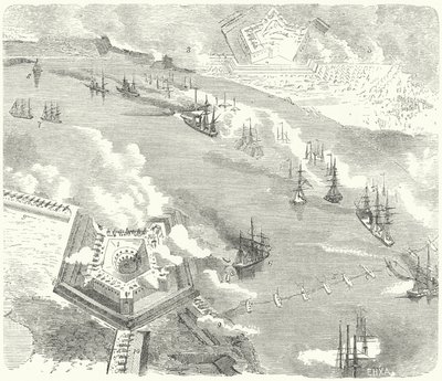 Unionens flotta attackerar Fort Jackson och Fort St Philip, Louisiana, amerikanska inbördeskriget, 1862 av German School