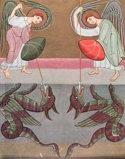 Änglarna som följer med St Michael attackerar drakarna, faksimil av Bamberg Apocalypse av German School