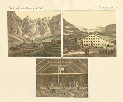 Leukers bad i kantonen Wallis (färgad gravyr) av German School