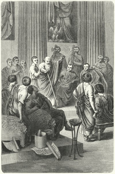 Den blinde Appius Claudius Caecus talar i den romerska senaten mot Cineas, ambassadören för Pyrrhus av Epiris, 279 f.Kr. (gravyr) av German School