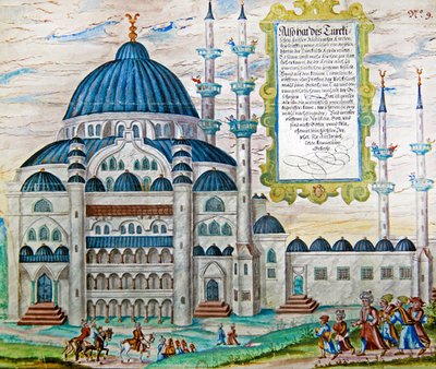 Uppmaningen till bön i en moské i Turkiet (gouache på papper) av German School