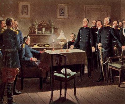 Kapitulationen av fästningen Sedan, 2 september 1870 (förstärkt färglitografi) av German School