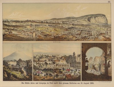Städerna Arica och Arequipa i Peru efter den stora jordbävningen den 13 augusti 1868 (färg litho) av German School