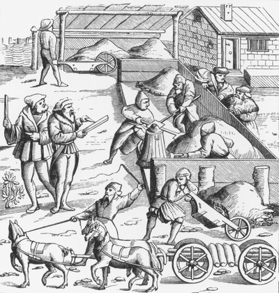 Utvinning av metaller, efter ett träsnitt i Cosmographie Universelle of Munster, publicerad 1552 av German School