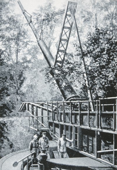 Den gigantiska tyska Paris-pistolen från första världskriget kallad "Big Bertha" (litho) av German School