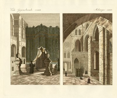 Jerusalems heliga grav (färgad gravyr) av German School