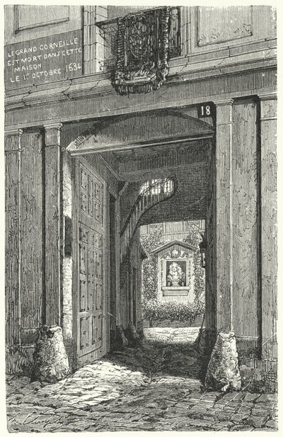 Huset i Paris där den franske dramatikern Pierre Corneille dog 1684 (gravyr) av German School