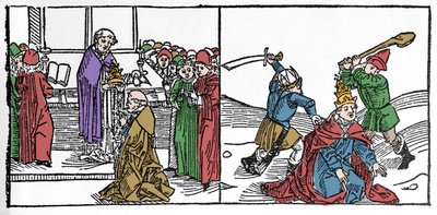 Sankt Fabiens martyrskap (3:e århundradet), torterade påven sedan halshöggs, under kejsar Deces regeringstid Gravyr från "Leben der Heiligen - sommerteil" (Helgonets bok) av Jacobus (James) av Voragine (1228-1298). Lübeck 1488. av German School