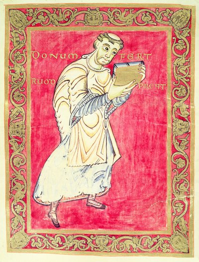 Munken Ruodprehet presenterar sin bok, från Egberts psalter, ärkebiskop av Trier av German School