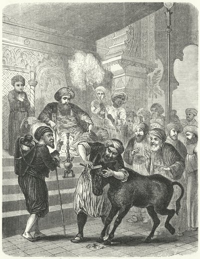 Bonden och hans röv framför kalifen Harun al-Rashid (gravyr) av German School