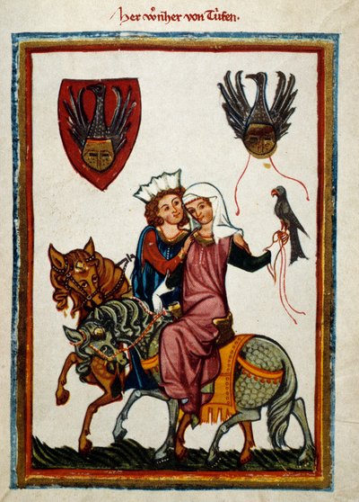 Jaktens nöjen: kung Conradin av Hohenstaufen, kung av Sicilien (Italien) och Jerusalem (Israel) under namnet Conrad II, hertigen av Schwaben under namnet Conrad III och kungen av romarna under namnet Conrad V (1252) -1268) jaktfalk. Il av German School