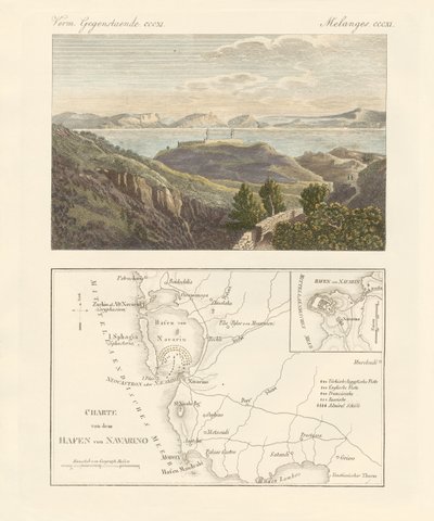 Hamnen och staden Navarino (färgad gravyr) av German School