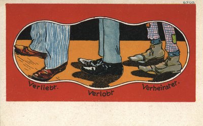 Kärlekens stadier i skor (färg litho) av German School