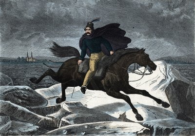 Sagan Sandor på sin häst Tartar i galopp på Donaus isflod. I "" Wenn Jemand eine Reise thut, so kann er was erzahlen"" (När någon reser, detta är vad han kan berätta), tysk saga av Franz Wiedemann av German School