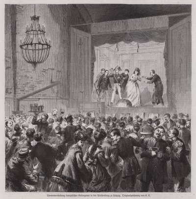 Teaterföreställning av franska fångar från det fransk-preussiska kriget i Pleissenburg, Leipzig, Tyskland (gravyr) av German School