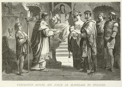 Thedosius ger sin systerdotter i äktenskap med Stilicho av German School