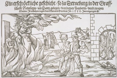 Tre häxor brändes levande, broschyrillustration av German School