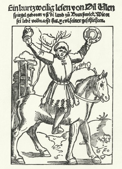 Till Eulenspiegel avbildad med uggla och spegel (gravyr) av German School