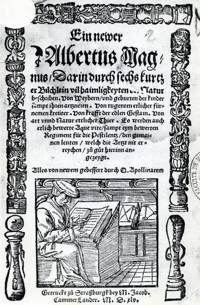 Titelsida för en ny Albertus Magnus: sex korta böcker som beskriver många av naturens hemligheter, publicerad 1514 (träsnitt och boktryck) av German School