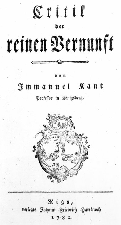 Titelsida på Kritik av det rena förnuftet av Immanuel Kant, publicerad 1781 av German School