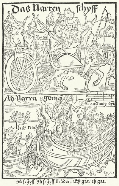Titelsida från den första upplagan av Sebastian Brants Dårarnas skepp, tryckt av Johann Bergmann von Olpe i Basel 1491 (gravyr) av German School