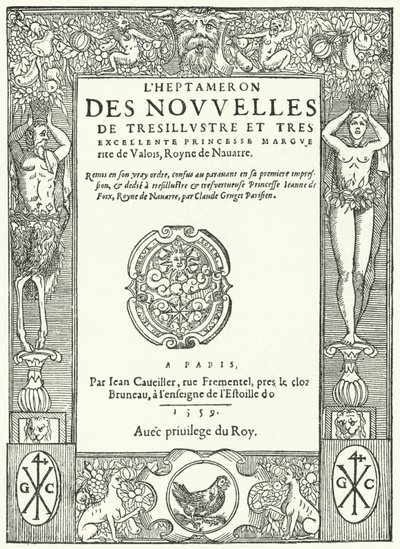 Titelsida från den första upplagan av Heptameron, av Marguerite av Navarra (gravyr) av German School
