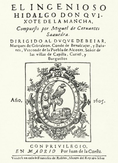 Titelsida från den första upplagan av romanen Don Quijote, av Miguel de Cervantes (gravyr) av German School