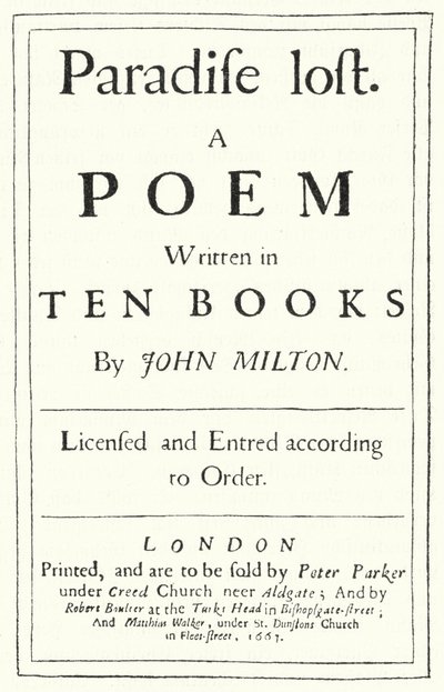 Titelsida från originalupplagan av Paradise Lost av den engelske poeten John Milton, publicerad 1667 (gravyr) av German School
