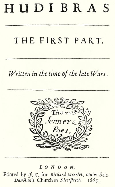 Titelsida från den satiriska dikten Hudibras av den engelska poeten Samuel Butler, publicerad 1663 (gravyr) av German School