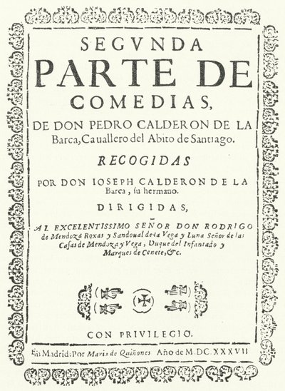 Titelsida från den andra av fyra volymer av Comedias of Calderon, publicerad 1637 (gravyr) av German School
