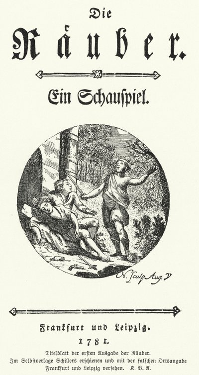 Titelsidan för den första upplagan av Friedrich Schillers pjäs Die Rauber (Rånarna) av German School